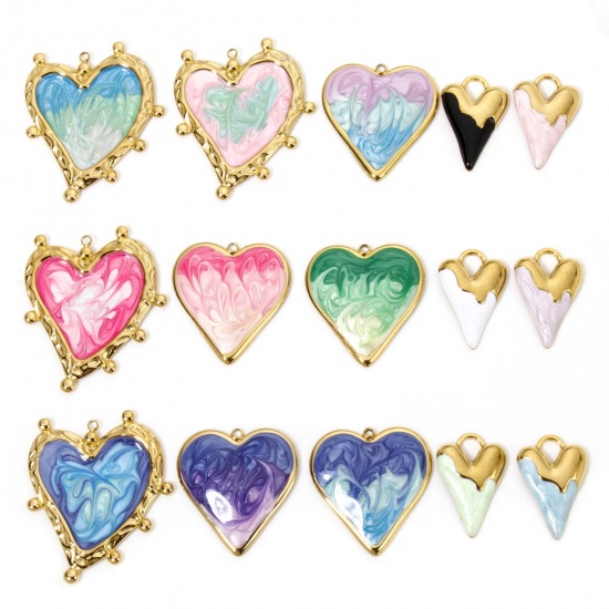 Immagine di 1 Pz Placcatura Sottovuoto 304 Acciaio Inossidabile San Valentino Ciondoli Pendenti Cuore Oro Placcato Multicolore Smalto