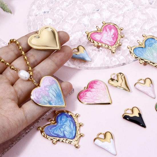 Immagine di 1 Pz Placcatura Sottovuoto 304 Acciaio Inossidabile San Valentino Ciondoli Pendenti Cuore Oro Placcato Multicolore Smalto