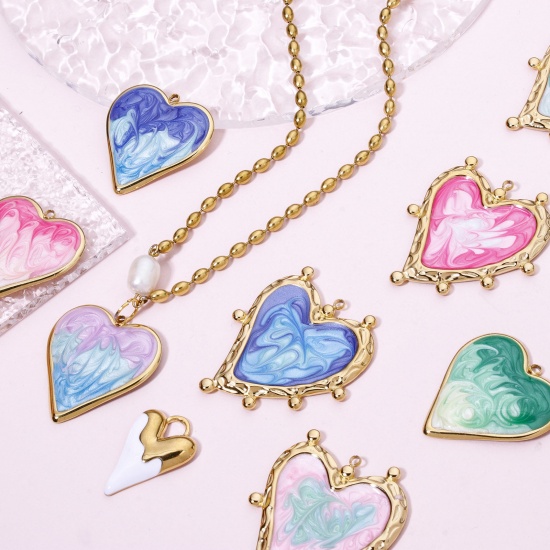 Immagine di 1 Pz Placcatura Sottovuoto 304 Acciaio Inossidabile San Valentino Ciondoli Pendenti Cuore Oro Placcato Multicolore Smalto