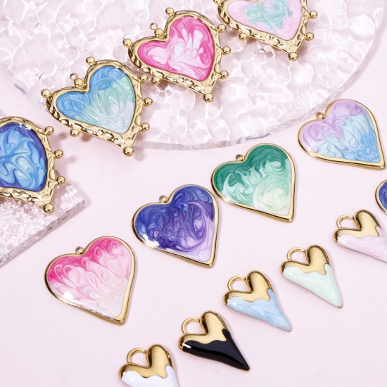 Immagine di 1 Pz Placcatura Sottovuoto 304 Acciaio Inossidabile San Valentino Ciondoli Pendenti Cuore Oro Placcato Multicolore Smalto