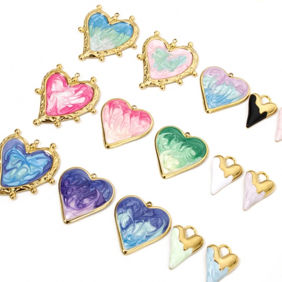 Immagine di 1 Pz Placcatura Sottovuoto 304 Acciaio Inossidabile San Valentino Ciondoli Pendenti Cuore Oro Placcato Multicolore Smalto