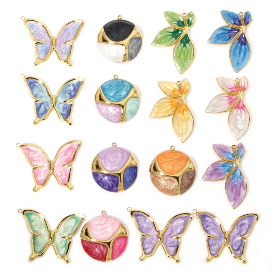 Picture of Vacuum Plating 304 Stainless Steel Retro Pendants Gold Plated Multicolor Gradient Color Butterfly Animal Enamel