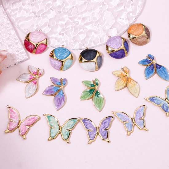 Picture of Vacuum Plating 304 Stainless Steel Retro Pendants Gold Plated Multicolor Gradient Color Butterfly Animal Enamel