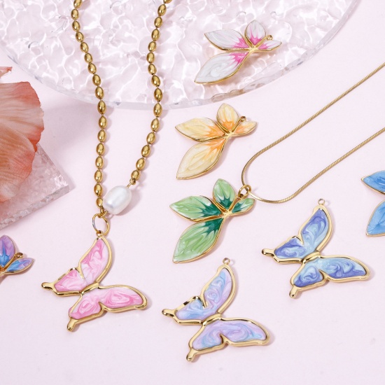 Picture of Vacuum Plating 304 Stainless Steel Retro Pendants Gold Plated Multicolor Gradient Color Butterfly Animal Enamel