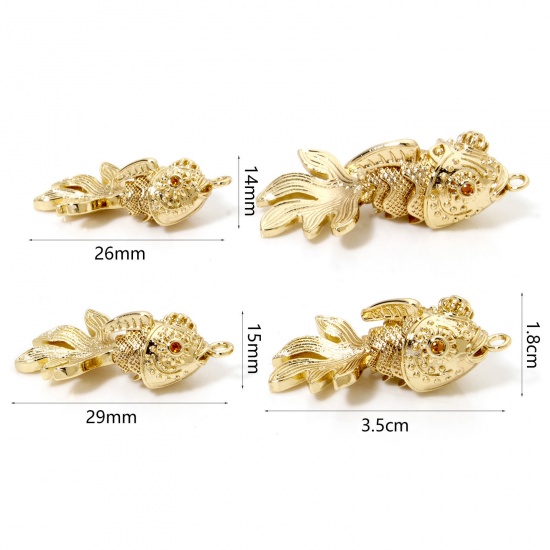 Picture of 1 Piece Eco-friendly Brass Ocean Jewelry Charms 18K Real Gold Plated Goldfish Movable Orange Cubic Zirconia 3D