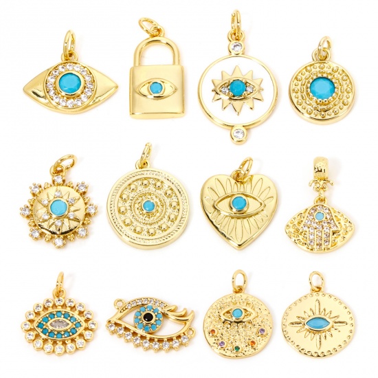 Picture of Eco-friendly Brass Charms 18K Real Gold Plated Round Eye of Providence/ All-seeing Eye Blue Cubic Zirconia