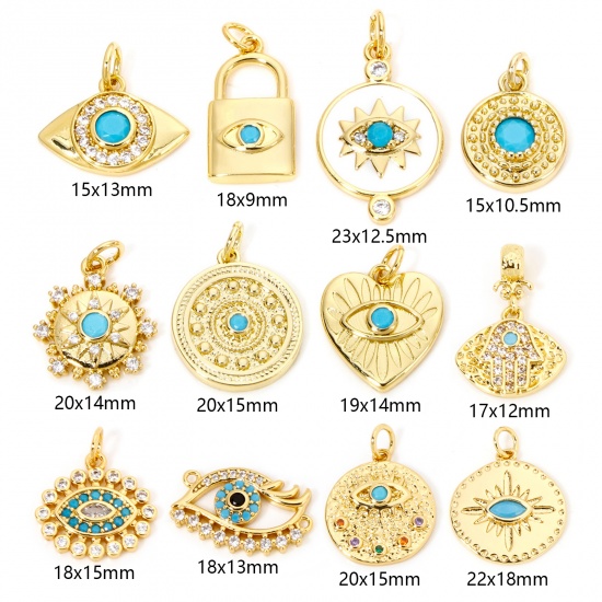 Picture of Eco-friendly Brass Charms 18K Real Gold Plated Round Eye of Providence/ All-seeing Eye Blue Cubic Zirconia