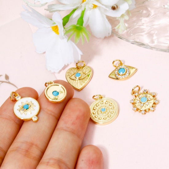 Picture of Eco-friendly Brass Charms 18K Real Gold Plated Round Eye of Providence/ All-seeing Eye Blue Cubic Zirconia