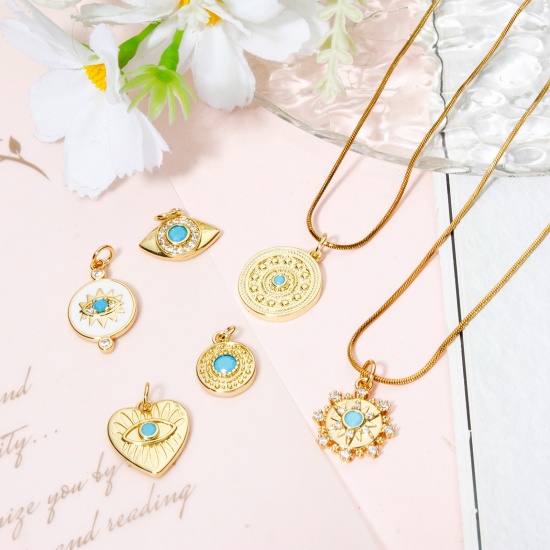 Picture of Eco-friendly Brass Charms 18K Real Gold Plated Round Eye of Providence/ All-seeing Eye Blue Cubic Zirconia