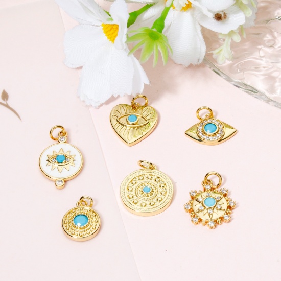 Picture of Eco-friendly Brass Charms 18K Real Gold Plated Round Eye of Providence/ All-seeing Eye Blue Cubic Zirconia