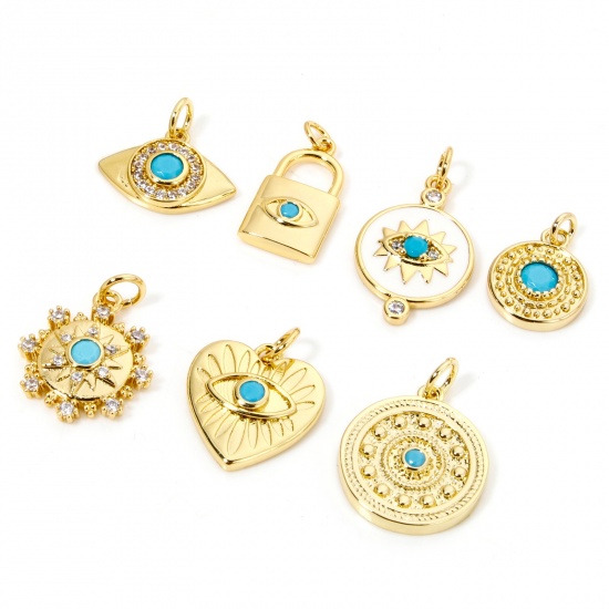 Picture of Eco-friendly Brass Charms 18K Real Gold Plated Round Eye of Providence/ All-seeing Eye Blue Cubic Zirconia