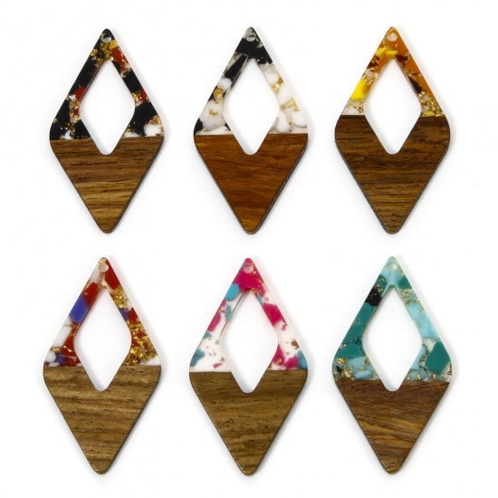 Picture of Resin & Natural Wood Effect Resin Pendants Multicolor Rhombus Gravels Chips 4.8cm x 2.6cm