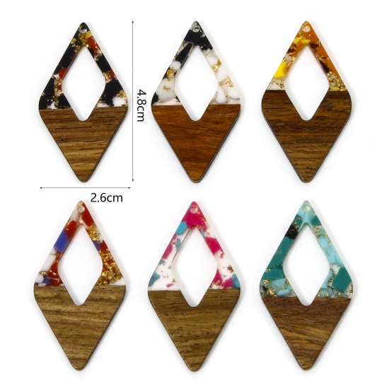 Picture of Resin & Natural Wood Effect Resin Pendants Multicolor Rhombus Gravels Chips 4.8cm x 2.6cm