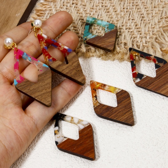 Picture of Resin & Natural Wood Effect Resin Pendants Multicolor Rhombus Gravels Chips 4.8cm x 2.6cm