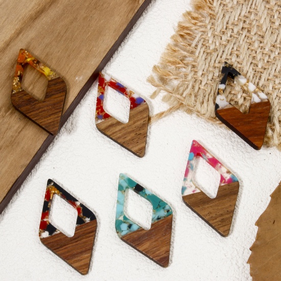 Picture of Resin & Natural Wood Effect Resin Pendants Multicolor Rhombus Gravels Chips 4.8cm x 2.6cm