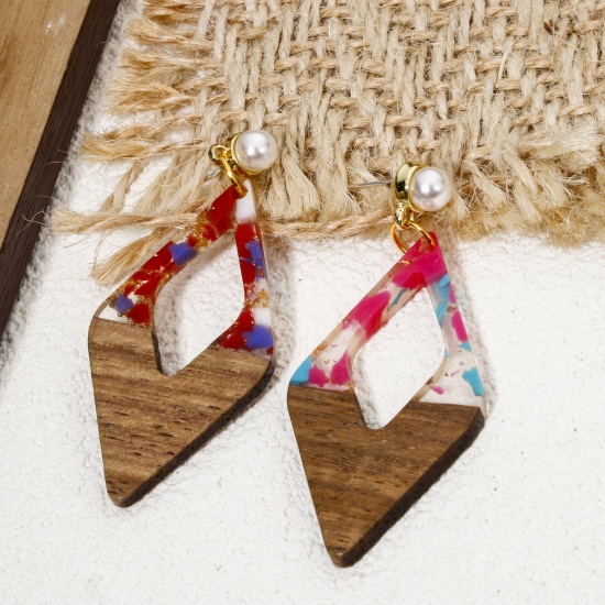 Picture of Resin & Natural Wood Effect Resin Pendants Multicolor Rhombus Gravels Chips 4.8cm x 2.6cm