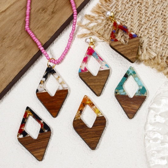 Picture of Resin & Natural Wood Effect Resin Pendants Multicolor Rhombus Gravels Chips 4.8cm x 2.6cm