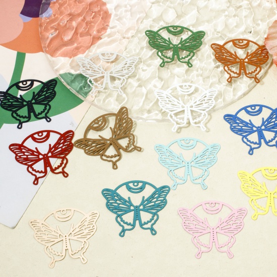 Picture of Iron Based Alloy Filigree Stamping Pendants Multicolor Butterfly Animal Hollow 3.7cm x 3.2cm