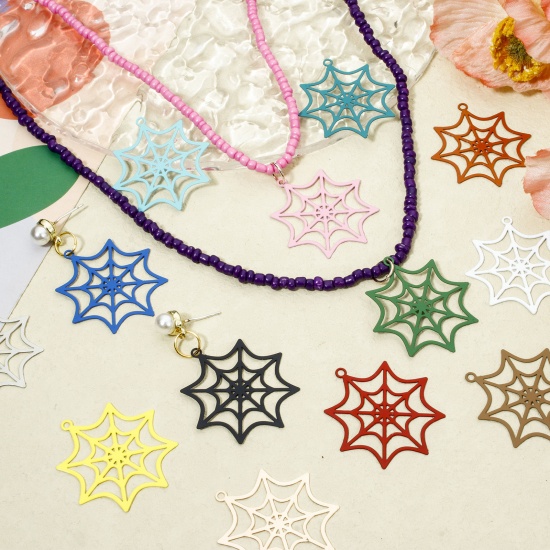 Picture of Iron Based Alloy Halloween Pendants Multicolor Halloween Cobweb Hollow 3.3cm x 3.1cm