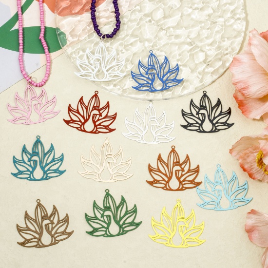 Picture of Iron Based Alloy Filigree Stamping Pendants Multicolor Peacock Animal Hollow 4cm x 3.5cm