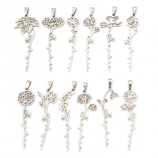 Immagine di Eco-friendly 201 Stainless Steel Birth Month Flower Pendants Silver Tone Hollow