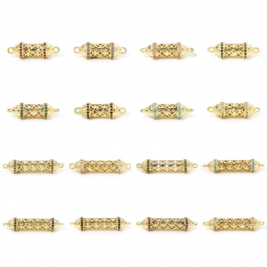 Bild von 1 Stück Umweltfreundlich Messing Steckverbinder Charms Anhänger Zylinder 18K Echtgold plattiert Hohl Bunt Zirkonia