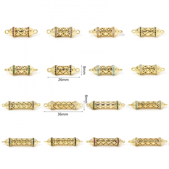 Bild von 1 Stück Umweltfreundlich Messing Steckverbinder Charms Anhänger Zylinder 18K Echtgold plattiert Hohl Bunt Zirkonia