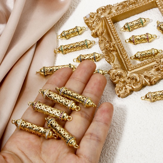 Bild von 1 Stück Umweltfreundlich Messing Steckverbinder Charms Anhänger Zylinder 18K Echtgold plattiert Hohl Bunt Zirkonia