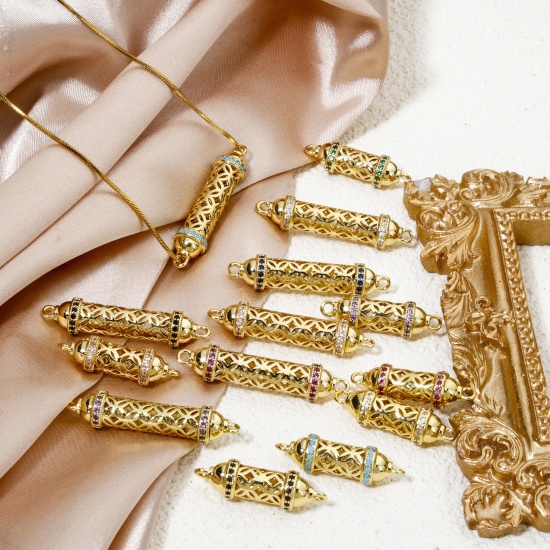 Bild von 1 Stück Umweltfreundlich Messing Steckverbinder Charms Anhänger Zylinder 18K Echtgold plattiert Hohl Bunt Zirkonia