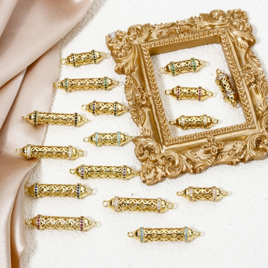 Bild von 1 Stück Umweltfreundlich Messing Steckverbinder Charms Anhänger Zylinder 18K Echtgold plattiert Hohl Bunt Zirkonia