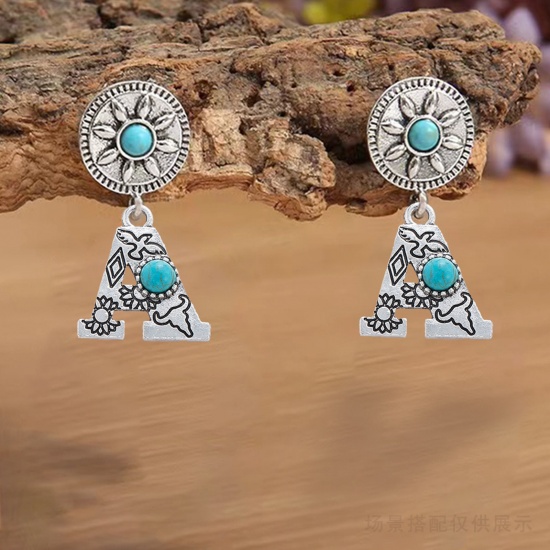 Immagine di 10 Pz Lega di Zinco Stile Bohemien Ciondoli Argento Antico Lettera Con Resina Cabochon Imitazione Turchese