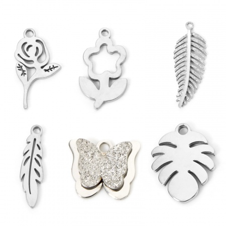 2 Stück 304 Edelstahl Charms Blume Blätter Silberfarbe