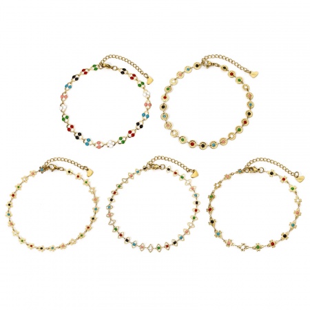 304 Stainless Steel Handmade Link Chain Anklet 18K Gold Plated Multicolor Enamel 22cm(8.7") long