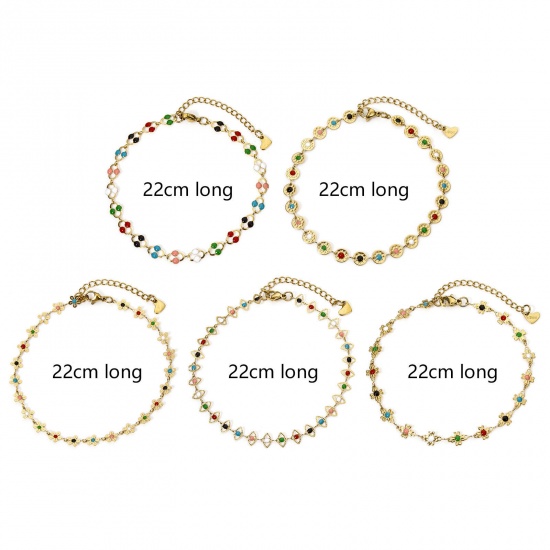 Picture of 304 Stainless Steel Handmade Link Chain Anklet 18K Gold Plated Multicolor Enamel 22cm(8.7") long