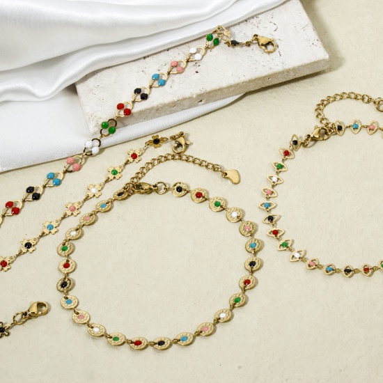 Picture of 304 Stainless Steel Handmade Link Chain Anklet 18K Gold Plated Multicolor Enamel 22cm(8.7") long