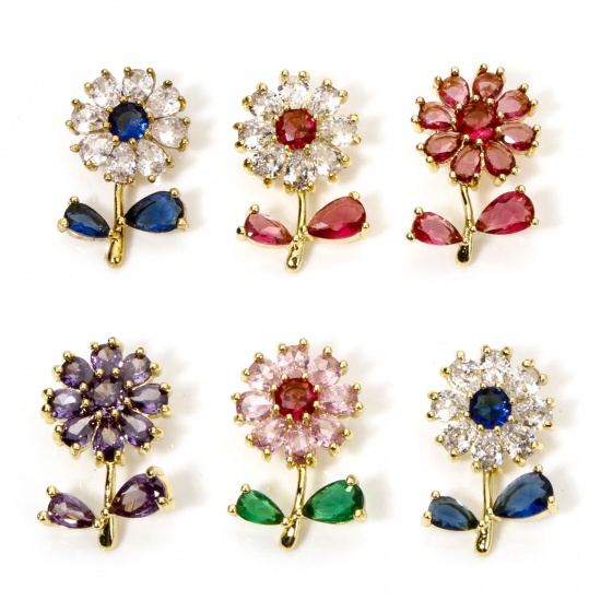 Picture of Brass & Glass Charms 18K Gold Plated Multicolor Flower Leaves 20mm x 13mm