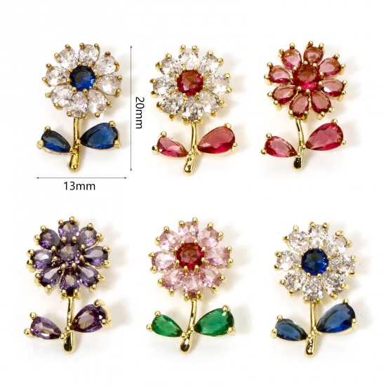 Picture of Brass & Glass Charms 18K Gold Plated Multicolor Flower Leaves 20mm x 13mm