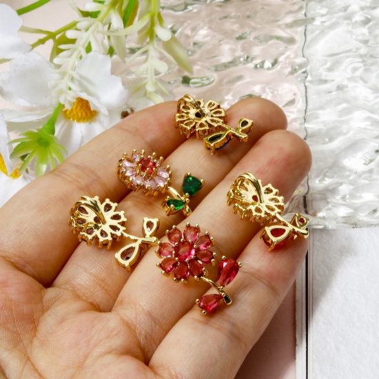 Picture of Brass & Glass Charms 18K Gold Plated Multicolor Flower Leaves 20mm x 13mm