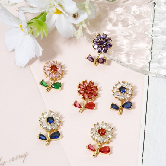 Picture of Brass & Glass Charms 18K Gold Plated Multicolor Flower Leaves 20mm x 13mm