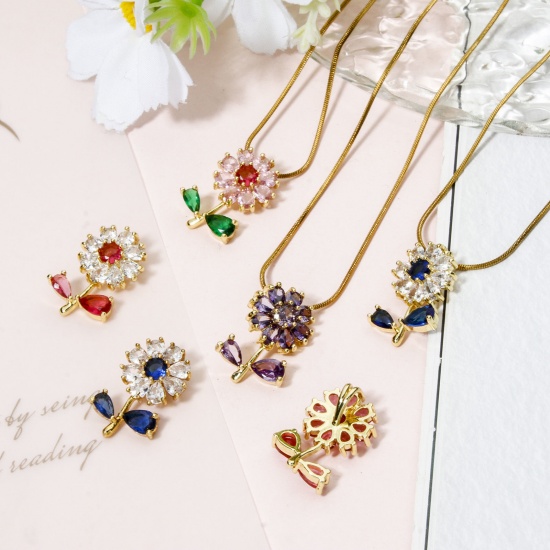 Picture of Brass & Glass Charms 18K Gold Plated Multicolor Flower Leaves 20mm x 13mm