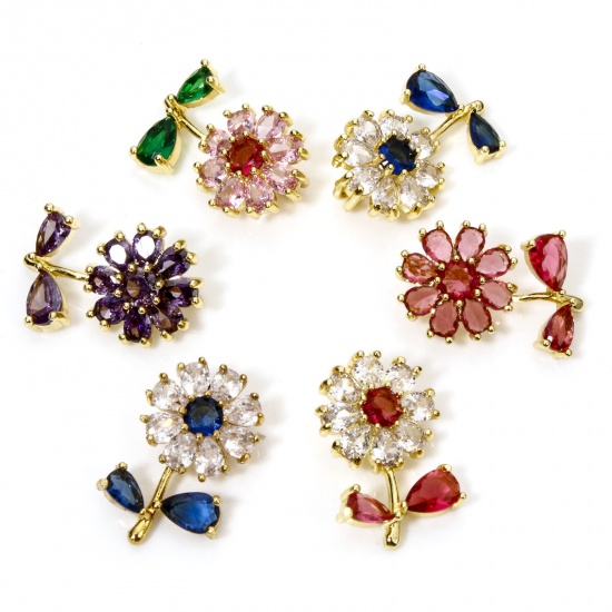 Picture of Brass & Glass Charms 18K Gold Plated Multicolor Flower Leaves 20mm x 13mm