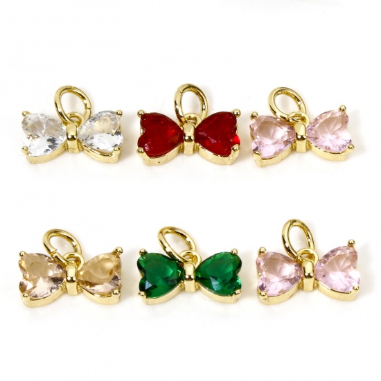 Picture of Brass & Glass Clothes Charms 18K Gold Plated Multicolor Bowknot 11mm x 10mm