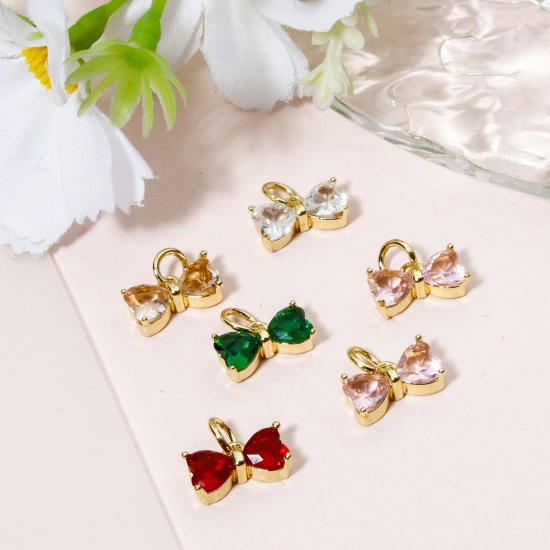 Picture of Brass & Glass Clothes Charms 18K Gold Plated Multicolor Bowknot 11mm x 10mm