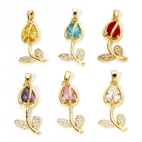 Picture of Brass & Glass Charms 18K Gold Plated Multicolor Tulip Flower Micro Pave Clear Cubic Zirconia 29mm x 12mm