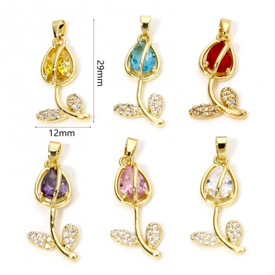 Immagine di 1 Pz Ottone & Vetro Ciondoli Fiore del Tulipano Placcato Oro 18K Multicolore Micro Spianare Trasparente Cubic Zirconiae 29mm x 12mm