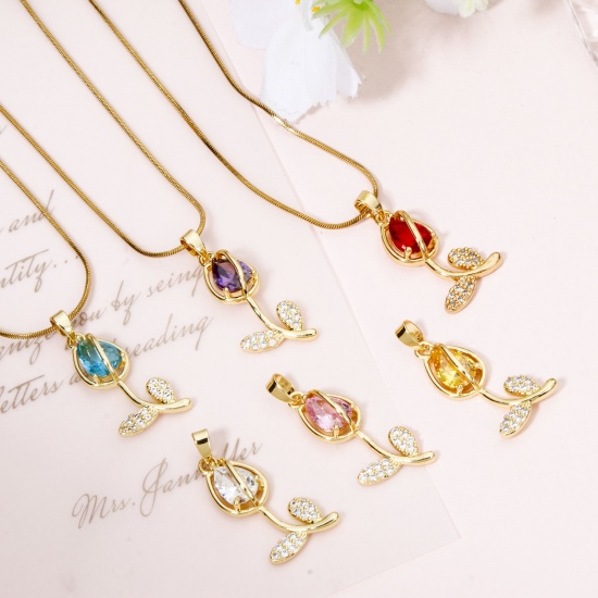 Picture of Brass & Glass Charms 18K Gold Plated Multicolor Tulip Flower Micro Pave Clear Cubic Zirconia 29mm x 12mm