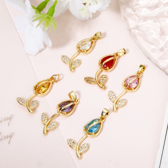 Picture of Brass & Glass Charms 18K Gold Plated Multicolor Tulip Flower Micro Pave Clear Cubic Zirconia 29mm x 12mm