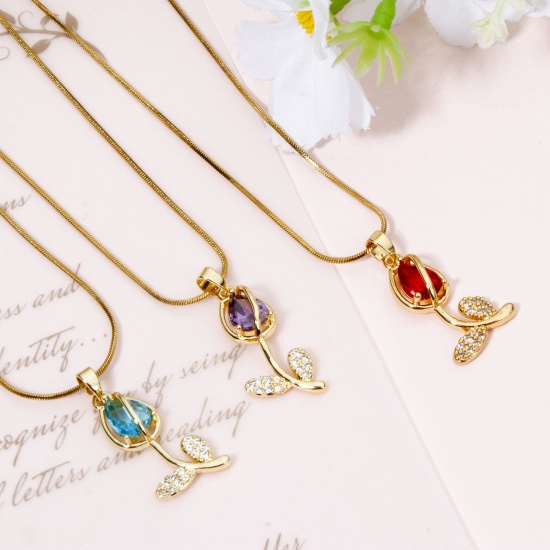 Picture of Brass & Glass Charms 18K Gold Plated Multicolor Tulip Flower Micro Pave Clear Cubic Zirconia 29mm x 12mm