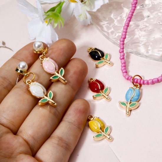 Picture of Zinc Based Alloy Charms Gold Plated Multicolor Tulip Flower Enamel 22mm x 11.5mm