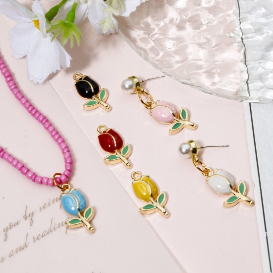 Picture of Zinc Based Alloy Charms Gold Plated Multicolor Tulip Flower Enamel 22mm x 11.5mm